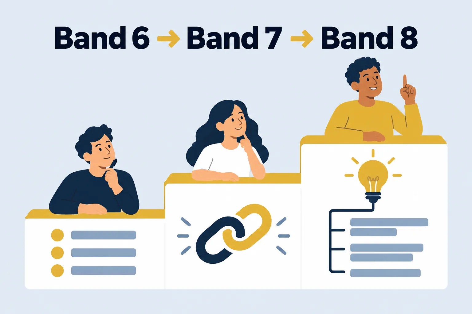 Band 6 → Band 7 → Band 8 — आइकन वाली तीन-स्तरीय सीढ़ी